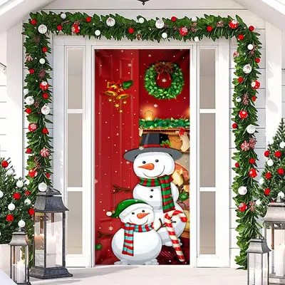 Red Snowman Snowflakes Merry Christmas Door Cover - Aperturee