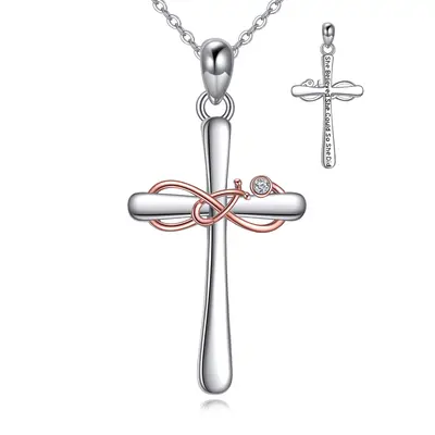 Sterling Silver Two-tone Cubic Zirconia Cross & Stethoscope Pendant Necklace