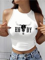Women's Bull Head & Letter Print Round Neck Tank Top, Casual Sleeveless Graphic Top for Summer, Ladies Clothes for Daily Wear...