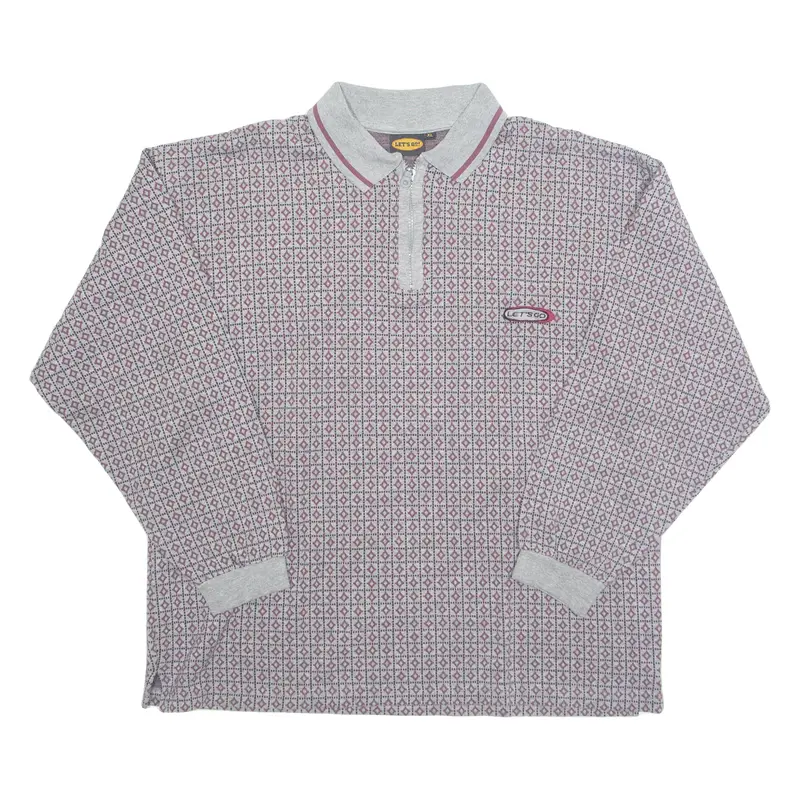 LETS GO Mens Polo Shirt Grey 90s Diamond Long Sleeve XL