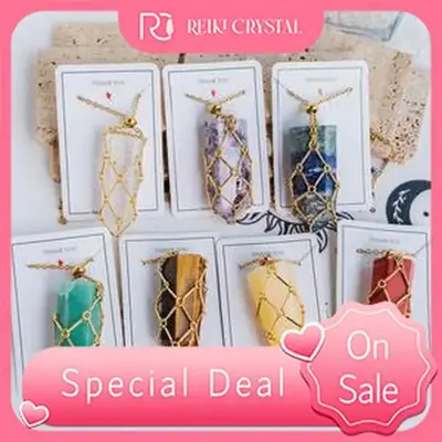 ăGoldenăNatural Crystal Net Metal Bamboo NecklaceăPoint/Tumbledă