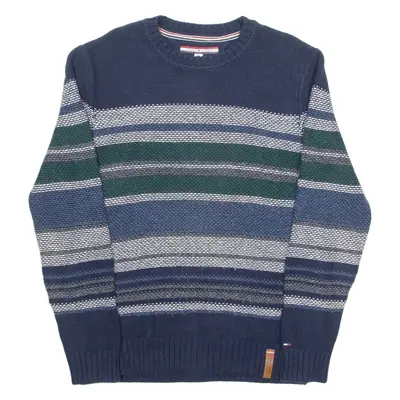 TOMMY HILFIGER Mens Patterned Jumper Blue Striped Crew Neck Chunky Knit S
