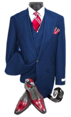 Mens Urban Royal Blue100% Wool Suit - Single Button Double Breasted Vest Pleated Pants