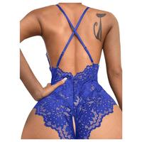 Open Crotch Halter-Neck Criss-Cross Backless Lace Sexy  Lingerie Piece Bra Blue Womenswear Nightwear Strap Comfort Fabric