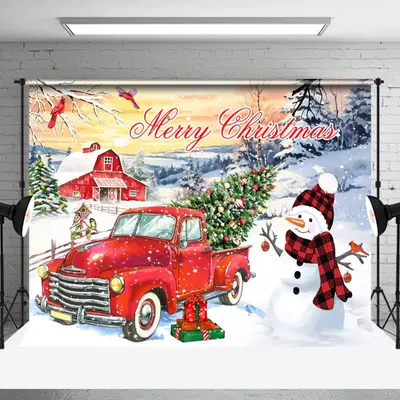 Aperturee Red Truck Christmas Tree Snowman Sunset Backdrop - Aperturee