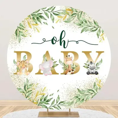 Round Safari Floral Gold Oh Baby Party Backdrop - Aperturee