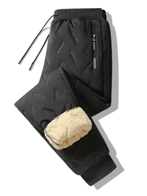 Men's Pocket Zipper Drawstring Winter Pants, Casual Regular Fit Plain Thermal Lined Trousers, Men's Bottoms for Winter