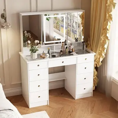 MIDHAM Large Makeup Vanity Desk with Glass Desktop, Large Vanity Desk with Mirror and Lights, Crystal Handles, 43.3” Deskto...