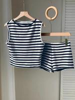 Two-piece Set Women's Striped Pattern Tank Top & Shorts, Casual Fitted Sleeveless Round Neck Top & Shorts for Summer, Ladies ...