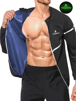Men's Letter Print Zipper Sauna Top, Long Sleeve Funnel Neck Zip Up Sports Top, Casual Sportswear Clothing for Indoor Outdo...