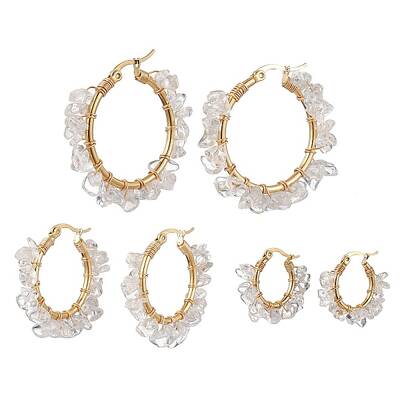 3 Pairs 3 Size Natural Quartz Crystal Chips Hoop Earrings