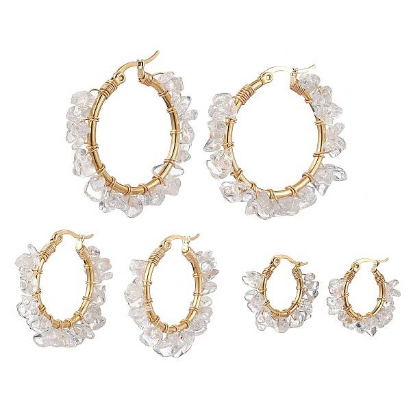 3 Pairs 3 Size Natural Quartz Crystal Chips Hoop Earrings