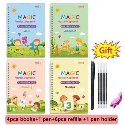 Reusable Grooved Handwriting Workbook for Kids, Learning Materials, 4 Books–Early Elementary, Covers Math, Words, Drawing �...