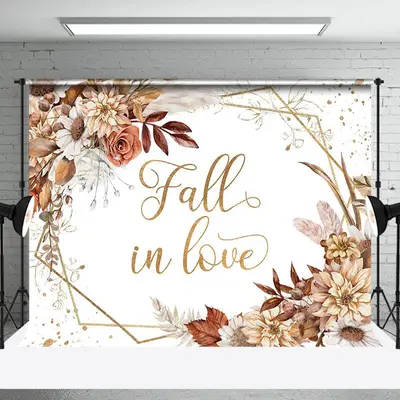 White Gold Floral Fall In Love Backdrop For Wedding - Aperturee