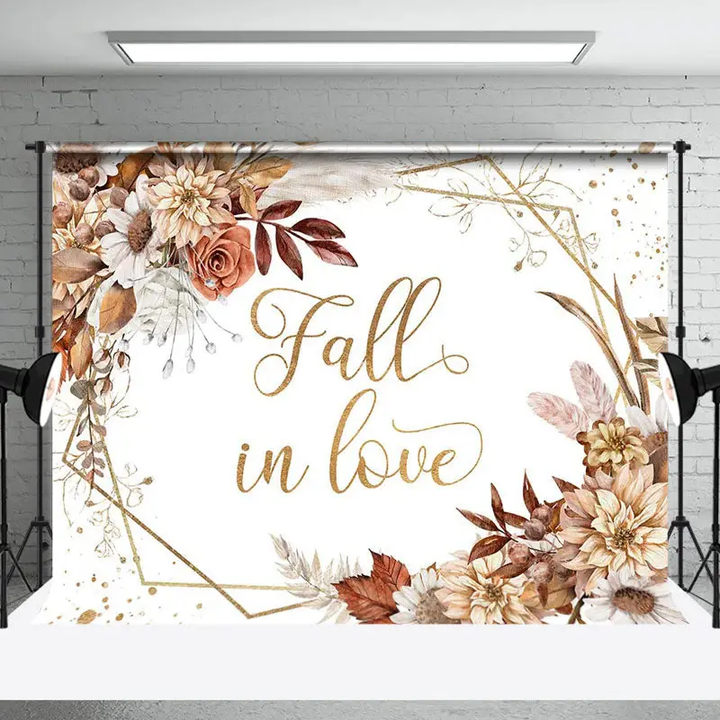 White Gold Floral Fall In Love Backdrop For Wedding - Aperturee