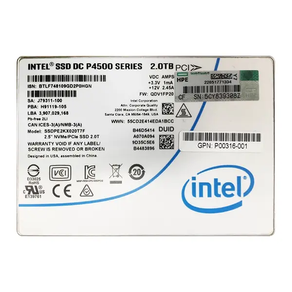 P00316-001 HP P4500 Series 2TB Multi-Level Cell PCI Express NVMe 3.0 x4 2.5-Inch Solid State Drive