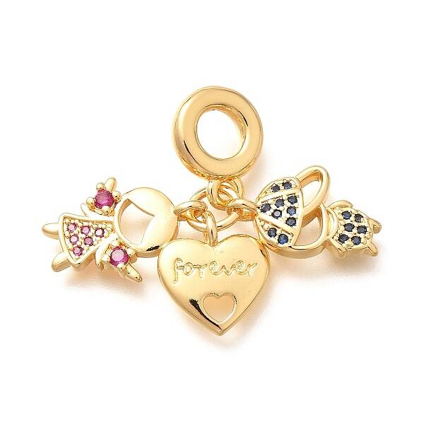Brass Cubic Zirconia Boy & Heart & Girl European Dangle Charms