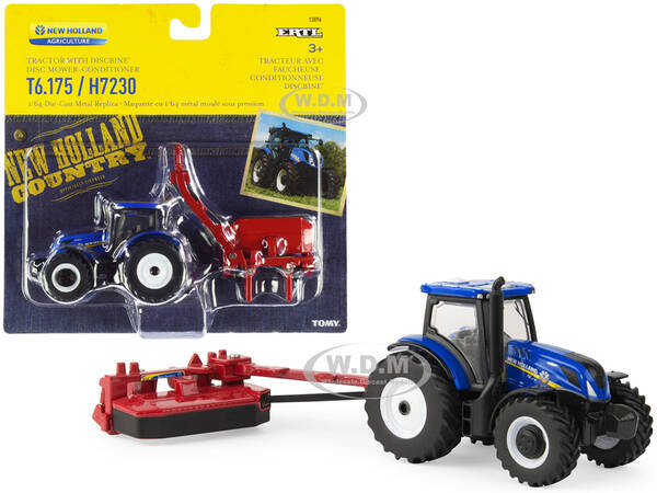 New Holland T6.175 Tractor Blue with New Holland H7230 Discbine Disc Mower-Conditioner Red Set of 2 pieces 1/64 Diecast Model...