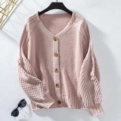 Solid Knit Women's Open Front Cardigan Sweaters V-Neck Long Sleeve Button-Down Cardigan