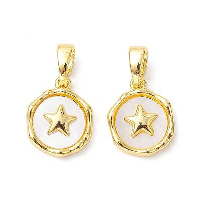 Rack Plating Brass Pave Shell Flat Round Charms with Star