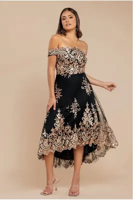 Goddiva Bardot Sequin & Lace High Low Midi - Champagne