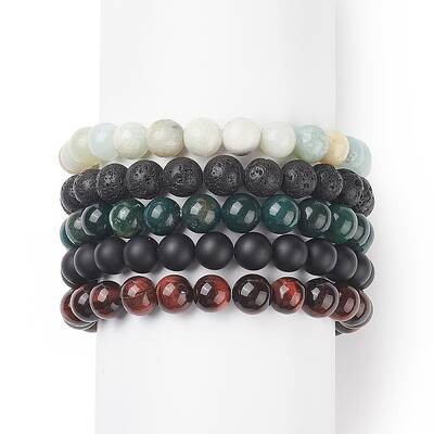 5Pcs 5 Style Natural Mixed Gemstone Round Beaded Stretch Bracelets Set for Men Women