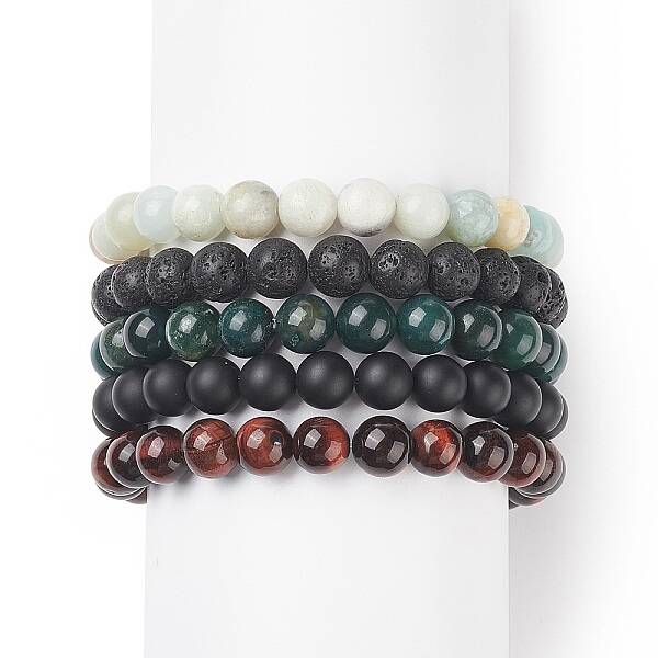 5Pcs 5 Style Natural Mixed Gemstone Round Beaded Stretch Bracelets Set for Men Women