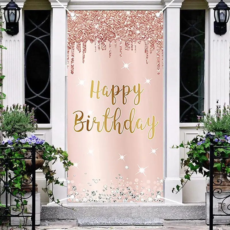 Glitter Rose Gold Girls Happy Birthday Door Cover - Aperturee