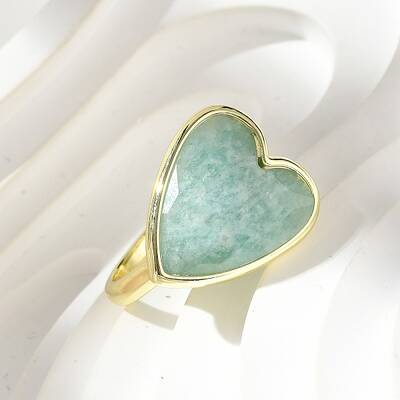 Heart Brass Natural Amazonite Finger Rings