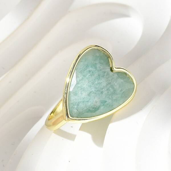 Heart Brass Natural Amazonite Finger Rings