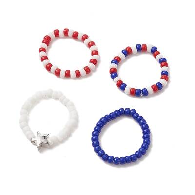 4Pcs 4 Style Independence Day Glass Seed Stretch Finger Rings Set with Brass Star Beaded for Women