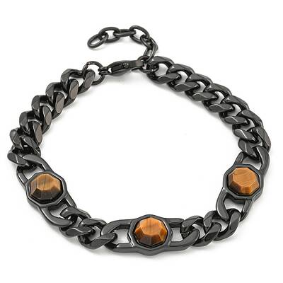 304 Stainless Steel & Natural Tiger Eye Polygon Link Bracelets for Women