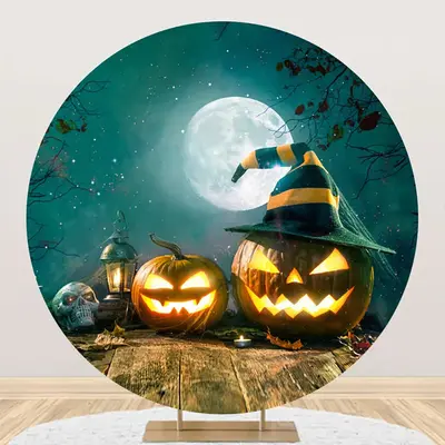 Round Moon Night Wooden Floor Halloween Backdrop