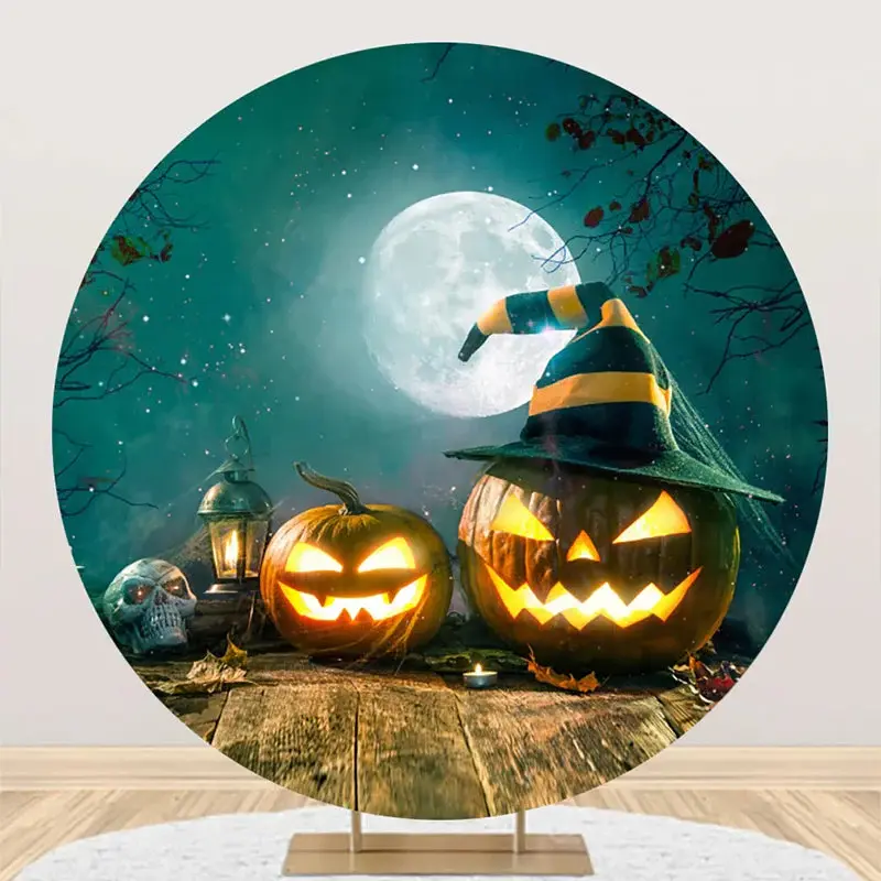 Round Moon Night Wooden Floor Halloween Backdrop