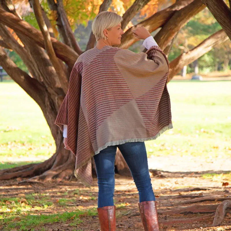 Wrapped in Style Poncho - Khaki & Red