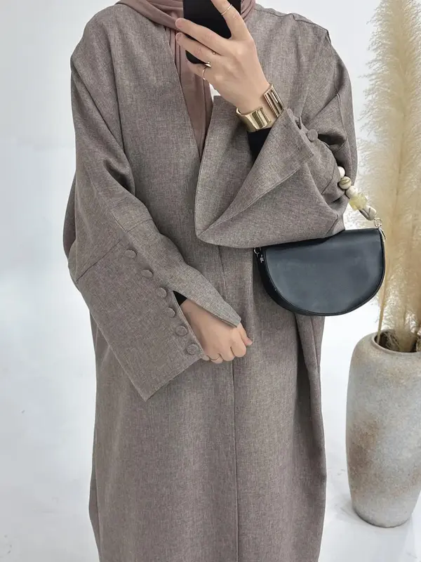 Women's Solid Fake Buttons Split Sleeve Abaya without Hijab, Elegant Long Sleeve Open Front Arabic Clothing, Ladies Clothes f...