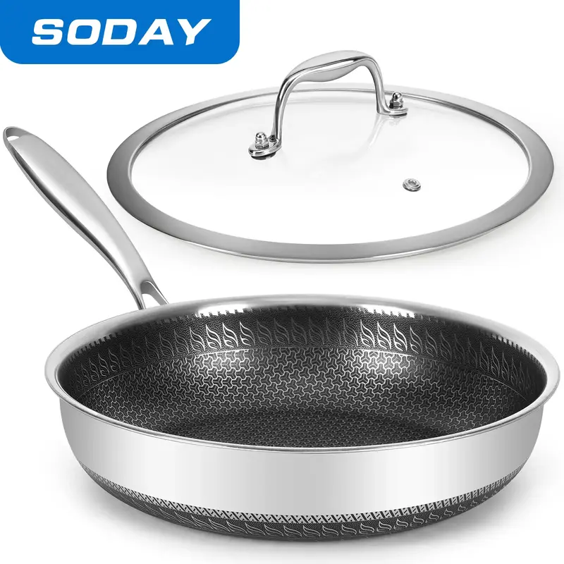 Soday 11/12inch Nonstick Frying Pan with Lid 2.5/5 Qt Deep Stainless Steel Sauté Pan Dishwasher & Oven Safe Cookware for All...