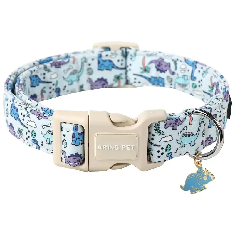 ARING PET Spring Dinosaur Print Adjustable Dog Collar - Cute Collar with Pendant for Small to Large Dogs  Plastic Buckle