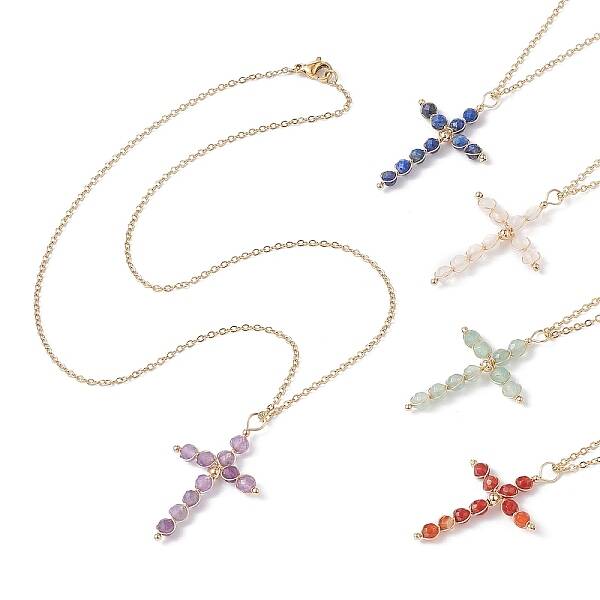 Natural Mixed Gemstone Beaded Cross Pendant Necklace