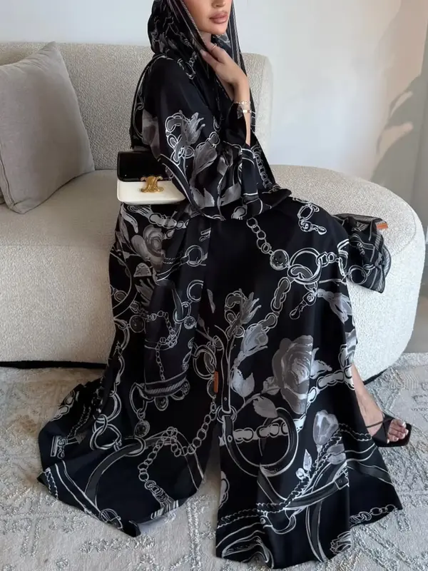Women's Floral Print Long Sleeve Thin Abaya Set with Headscarf, Elegant Casual Islamic Clothing for All Seasons Daily Wear, A...