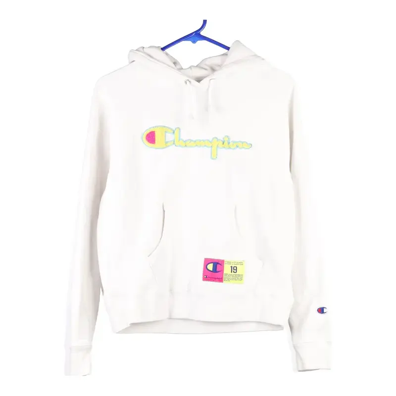 Reverse Weave Champion Spellout Hoodie - Small White Cotton Blend