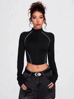 Women's Solid Color Zipper Tee, Elegant Fashion Casual Long Sleeve T-shirt for Daily Outdoor Wear, Women Clothing for Spring ...
