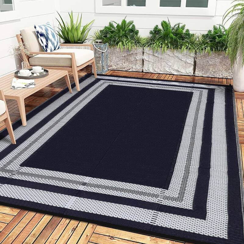 Garvee Outdoor Black-Blue 9x12 Waterproof Reversible Rug Plastic Straw Rug for Patios, Decks, Porch, Camper, Balcony, Backyar...