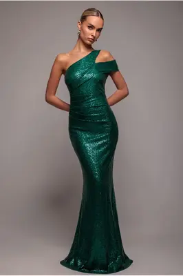 Goddiva One Shoulder Sequin Evening Maxi - Emerald Green