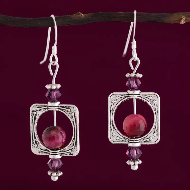 Square & Amethyst Bead Earrings - Red Crystals