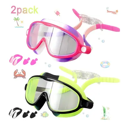 Swimming Goggles, 2 Counts Pink & Green Color Anti-fog & Anti-uv Wide Angle Goggles for Swimming, Waterproof & Leak-proof Swi...