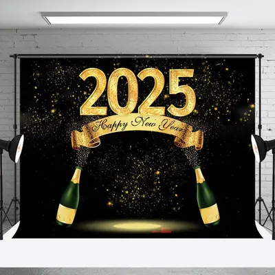 Aperturee Black Gold Champagne Cheers 2025 New Year Backdrop
