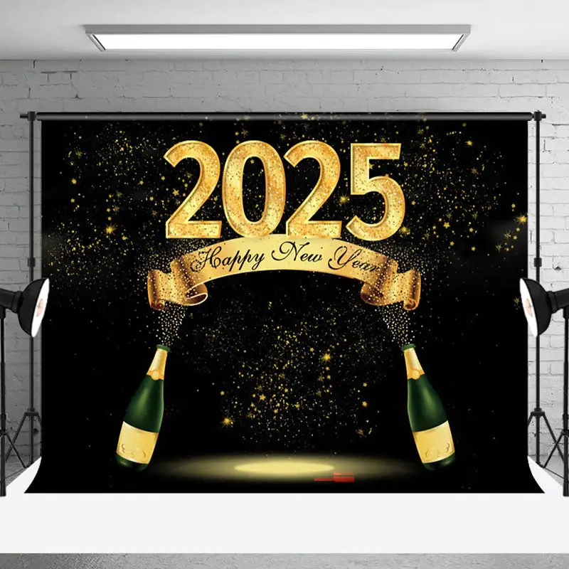 Aperturee Black Gold Champagne Cheers 2025 New Year Backdrop