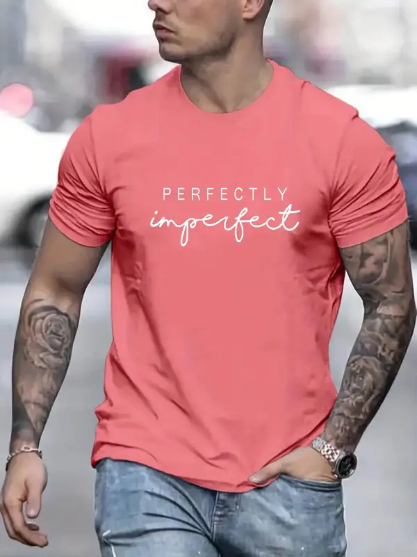 Men's Letter Print Round Neck Tee, Regular Fit Casual Fashion Short Sleeve T-shirt for Summer, Men's Top for Daily Wear, Gym ...