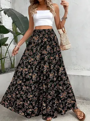 Women's Ditsy Floral Print Elastic Waist A Line Skirt, Boho High Waist Long Skirt For Beach Holiday Vacation, Ladies Spring &...